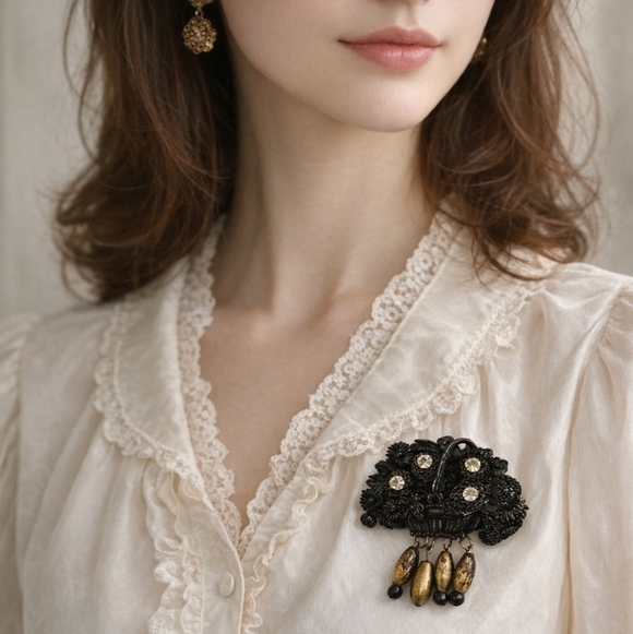 Vintage Jewelry - Vintage Resin Rhinestone Floral Dangle Brooch